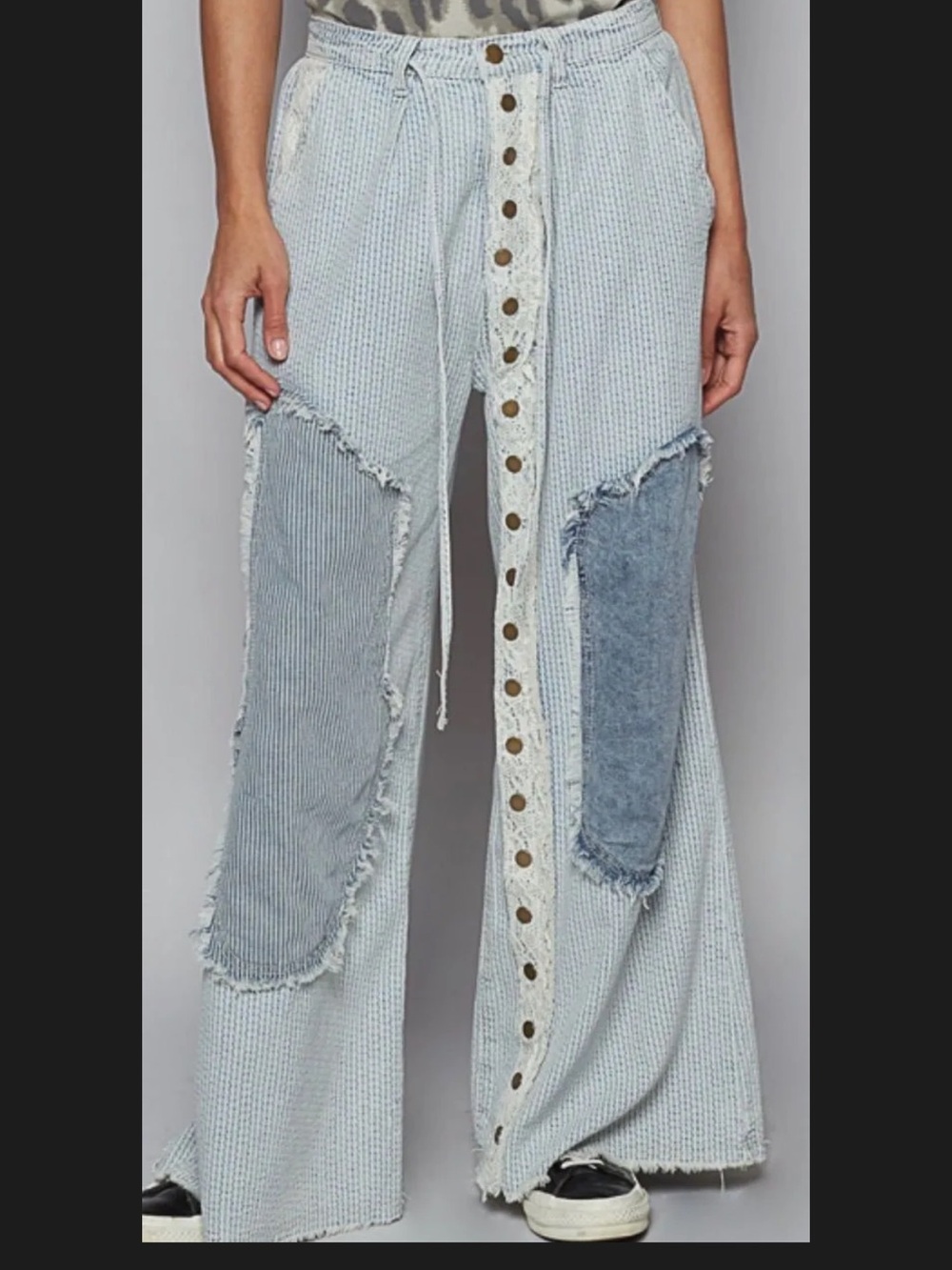POL Light Blue Patchwork Wide-Leg Jeans with Button-Front